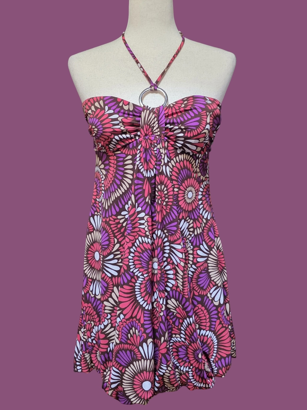 Miss Bisou Y2K Brown Multicolor Geometric Sleeveless Halter Mini Dress